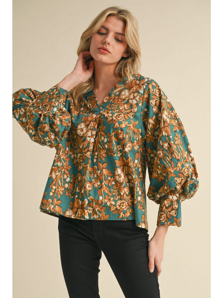 Jodifl Floral Print V-Neck Pleated 3/4 Balloon Sleeve Blouse Top