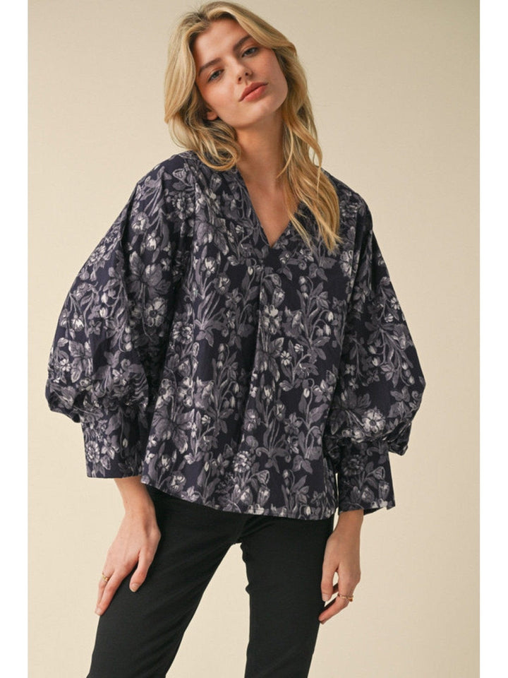 Jodifl Floral Print V-Neck Pleated 3/4 Balloon Sleeve Blouse Top