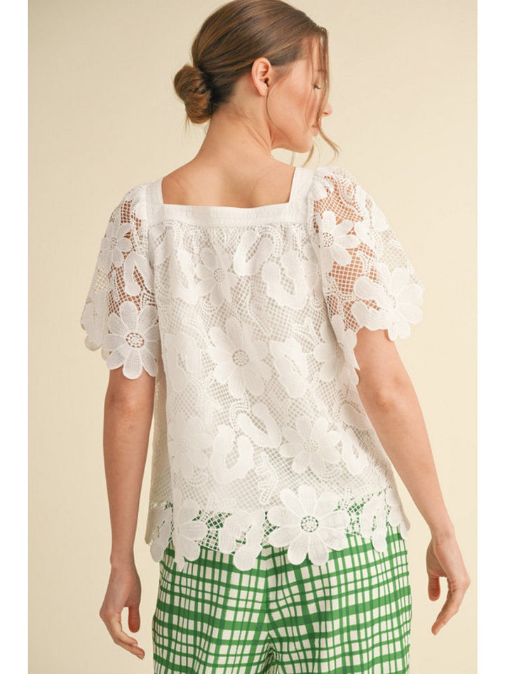 Jodifl Floral Short Sleeve All Over Lace Top with Square Neckline