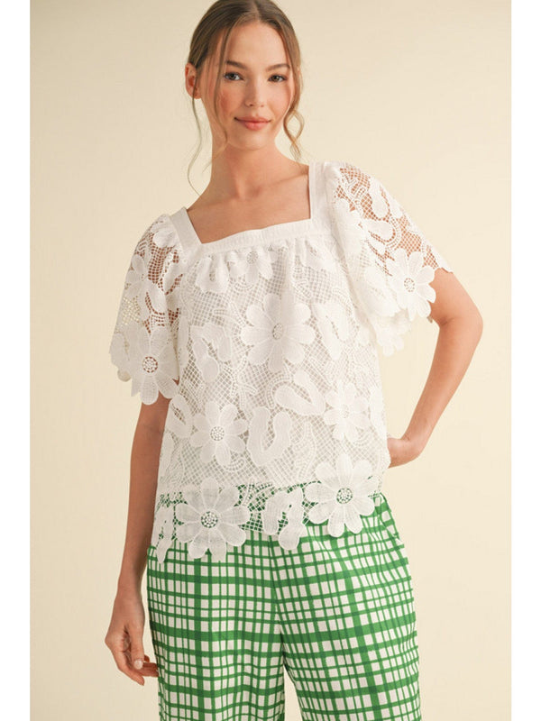 Jodifl Floral Short Sleeve All Over Lace Top with Square Neckline