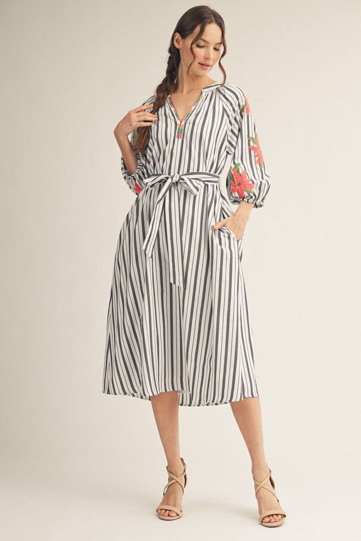 Jodifl Flower Embroidered 3/4 Sleeves Striped Midi Dress with Belted Waist - DR-JD-H50490 / BLACK / S Jodifl Flower Embroidered 3/4 Sleeves Striped Midi Dress with Belted Waist - DR-JD-H50490 / BLACK / S