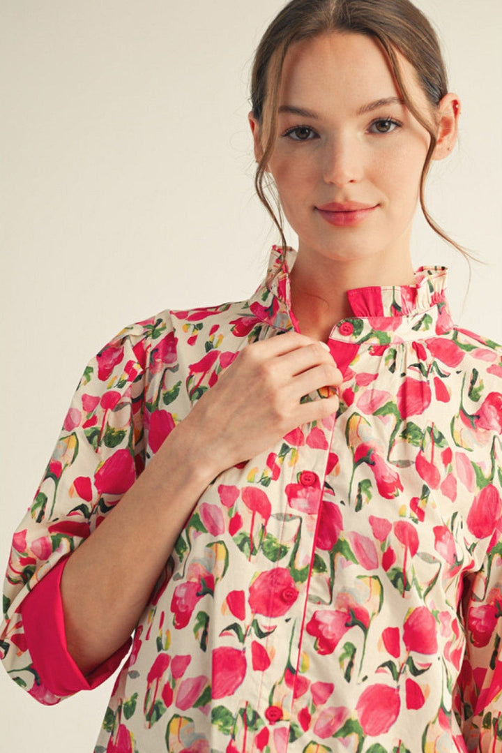 Jodifl Flower Print Cuffed 3/4 Sleeve Button Down Ruffle Neckline Blouse Top