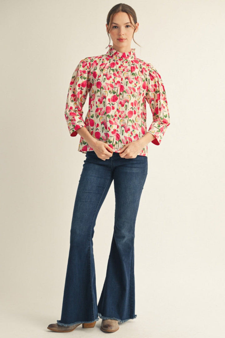 Jodifl Flower Print Cuffed 3/4 Sleeve Button Down Ruffle Neckline Blouse Top