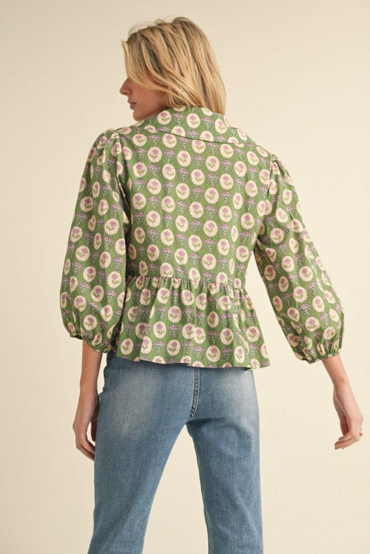 Jodifl Flower Print Notched Collar Front Tie Peplum Top