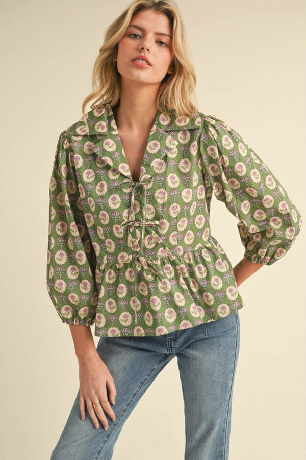 Jodifl Flower Print Notched Collar Front Tie Peplum Top