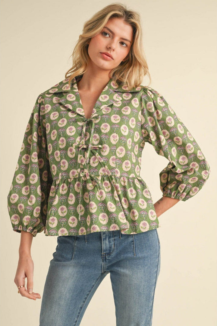 Jodifl Flower Print Notched Collar Front Tie Peplum Top
