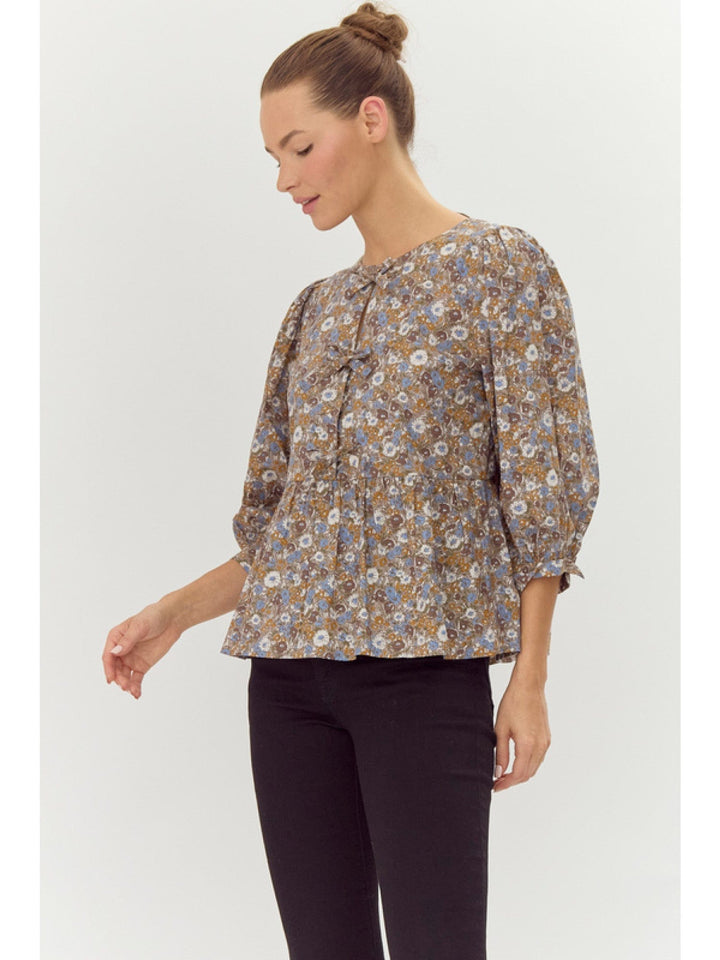 Jodifl Flower Print Peplum U-Neck Ribbon Tie 3/4 Sleeve Top