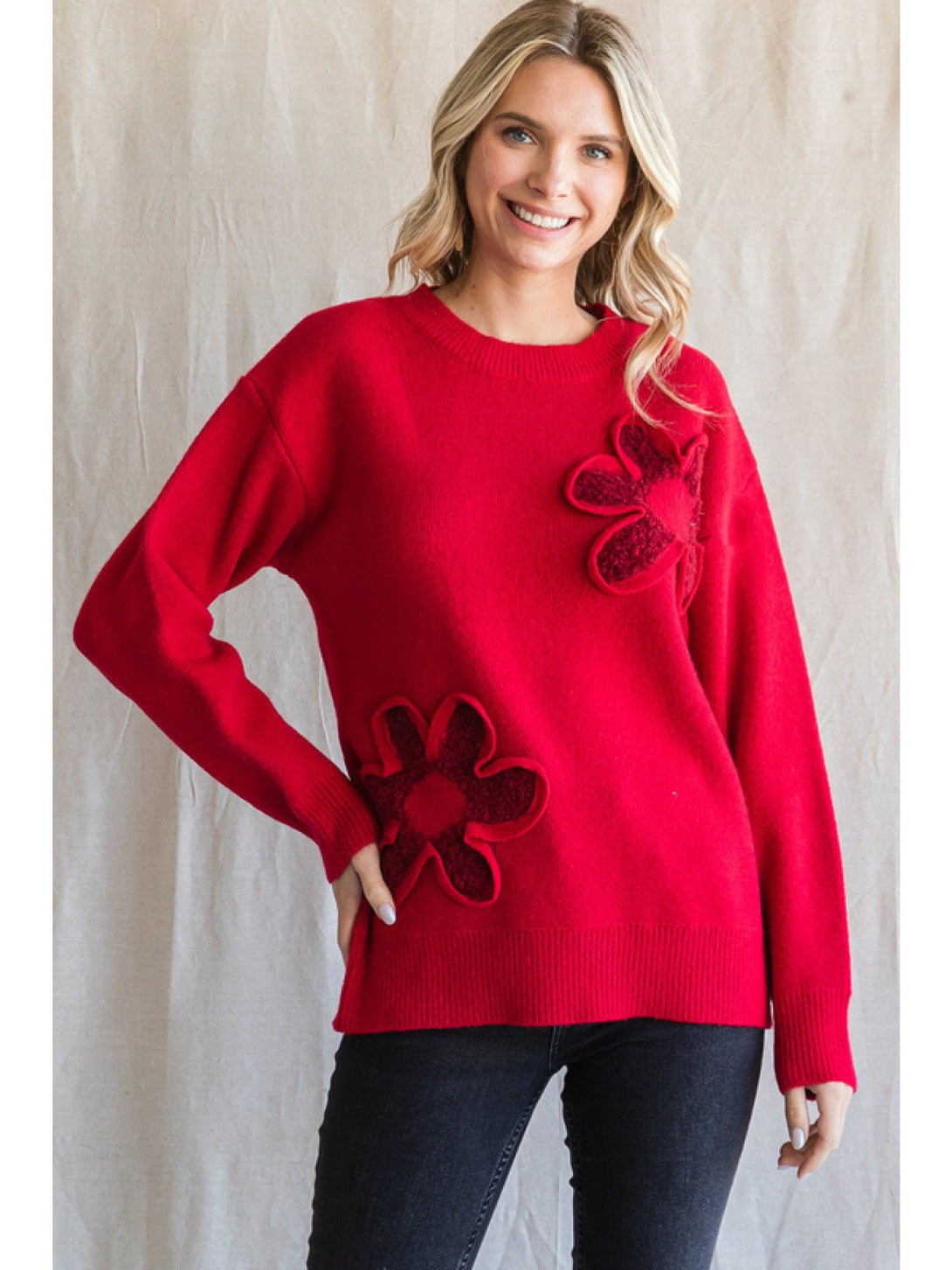 Jodifl Flower Textured Knit Pullover Sweater
