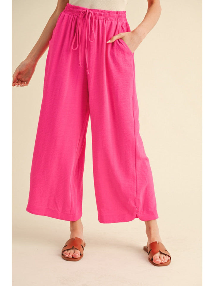 Jodifl Flowy Lightweight Loose Fit Drawstring Waist Pants with Button Detailing at Hem