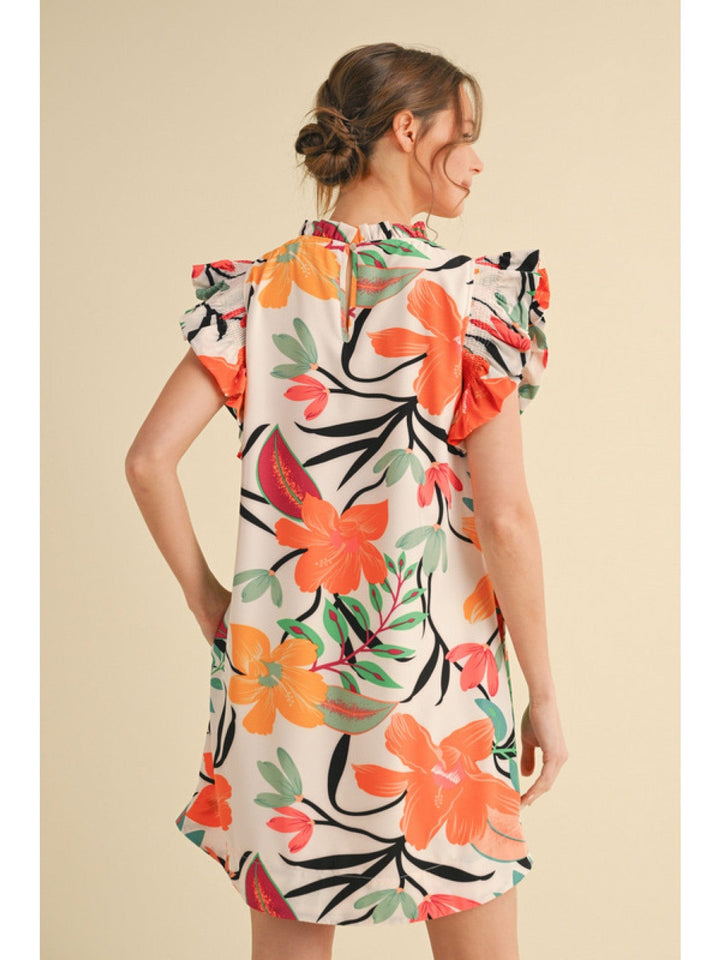 Jodifl Frilled Mock Neck and Ruffle Cap Sleeve Short Tropical Floral Print Dress