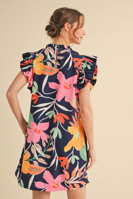 Jodifl Frilled Mock Neck and Ruffle Cap Sleeve Short Tropical Floral Print Dress