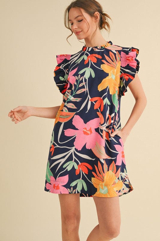 Jodifl Frilled Mock Neck and Ruffle Cap Sleeve Short Tropical Floral Print Dress