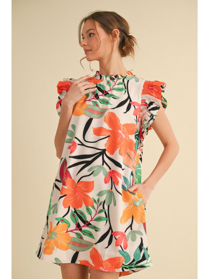 Jodifl Frilled Mock Neck and Ruffle Cap Sleeve Short Tropical Floral Print Dress