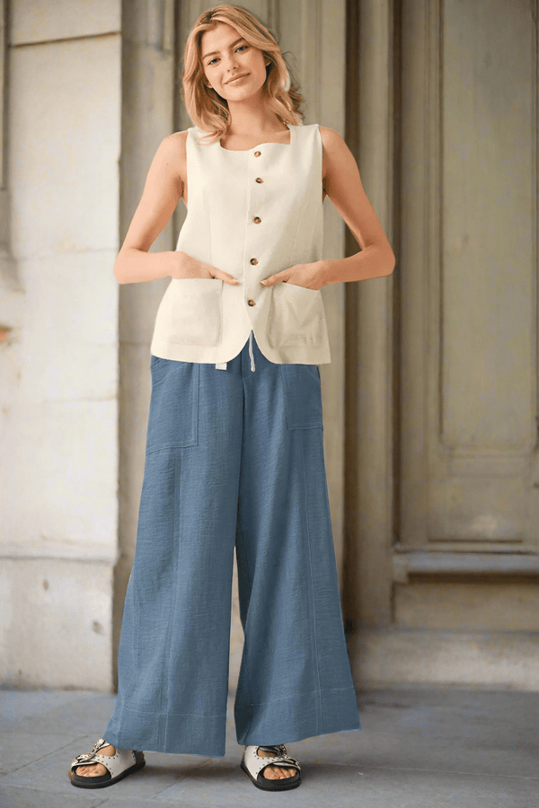 Jodifl Front Slant Pockets Wide Leg Drawstring Waistline Pants with Contrast Stitching