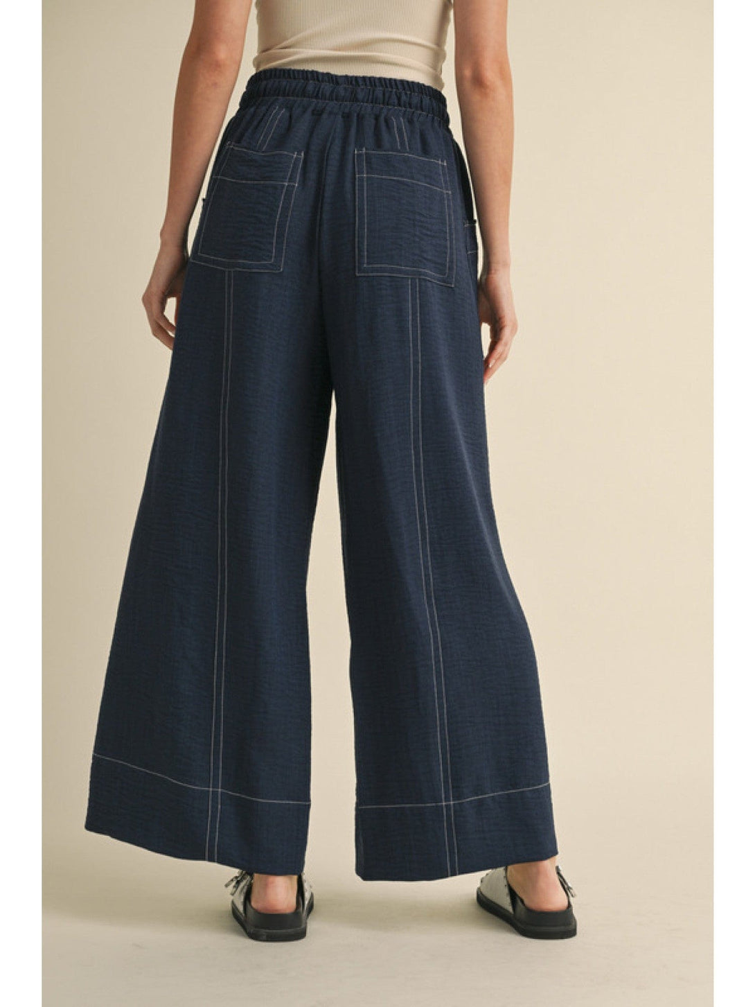 Jodifl Front Slant Pockets Wide Leg Drawstring Waistline Pants with Contrast Stitching