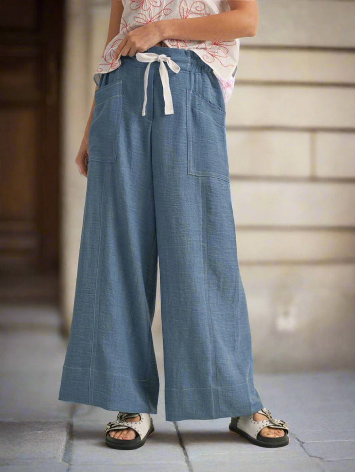 Jodifl Front Slant Pockets Wide Leg Drawstring Waistline Pants with Contrast Stitching