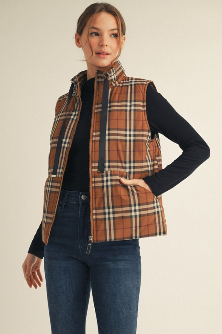 Jodifl Front Zip Plaid Padded Vest with Neck Strap