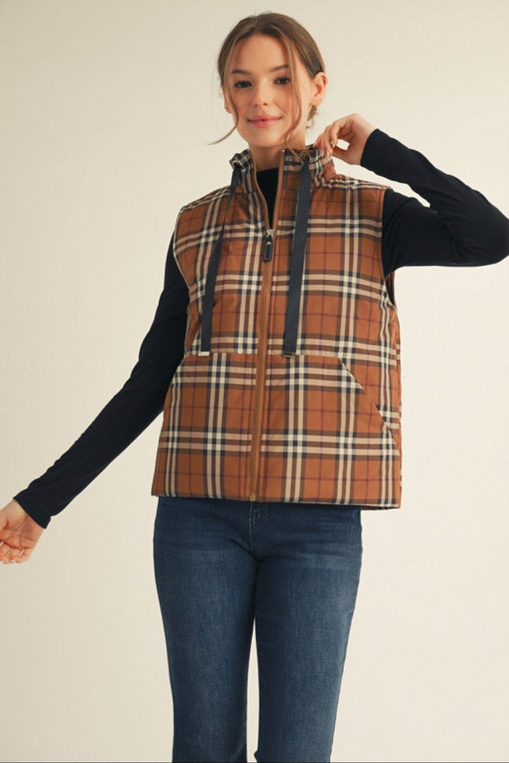 Jodifl Front Zip Plaid Padded Vest with Neck Strap