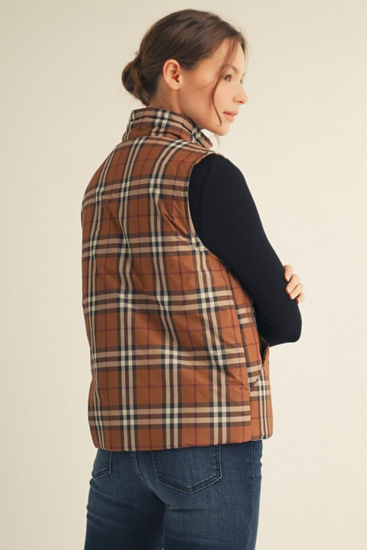 Jodifl Front Zip Plaid Padded Vest with Neck Strap