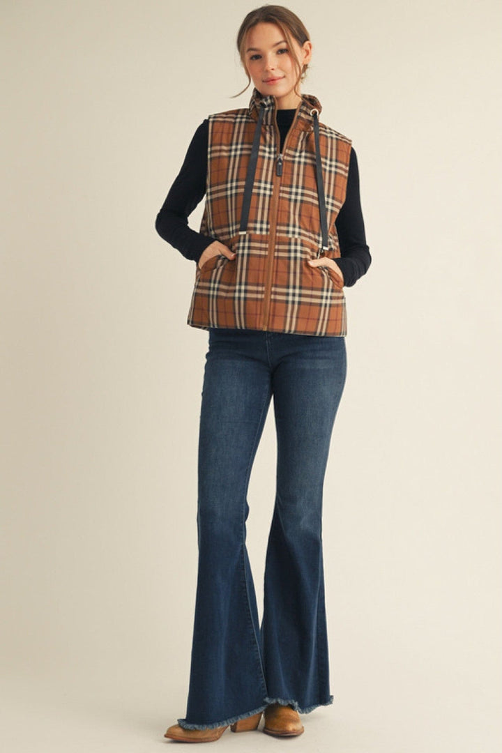 Jodifl Front Zip Plaid Padded Vest with Neck Strap