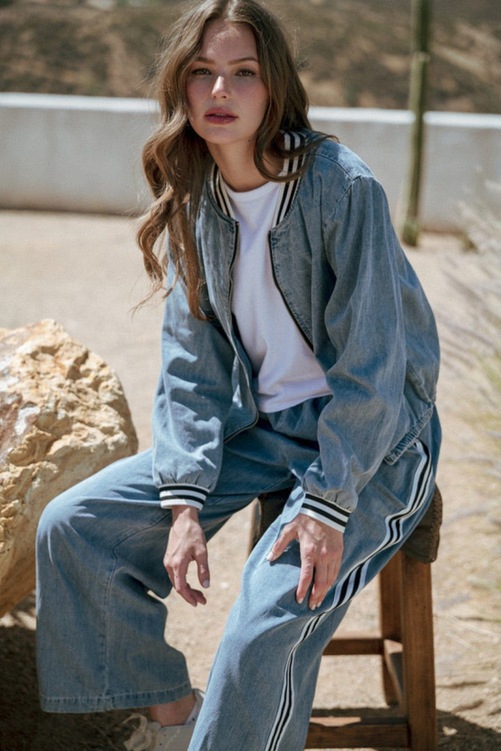 Jodifl Front Zip Washed Denim Striped Band Trim Jacket