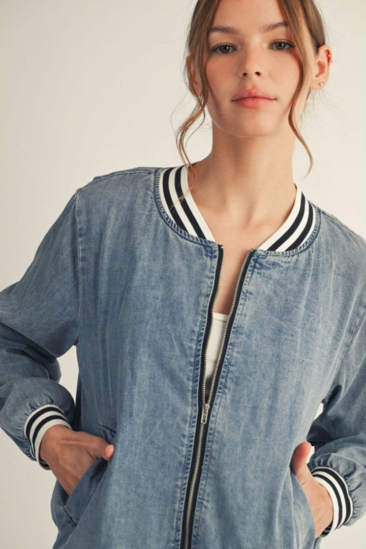 Jodifl Front Zip Washed Denim Striped Band Trim Jacket