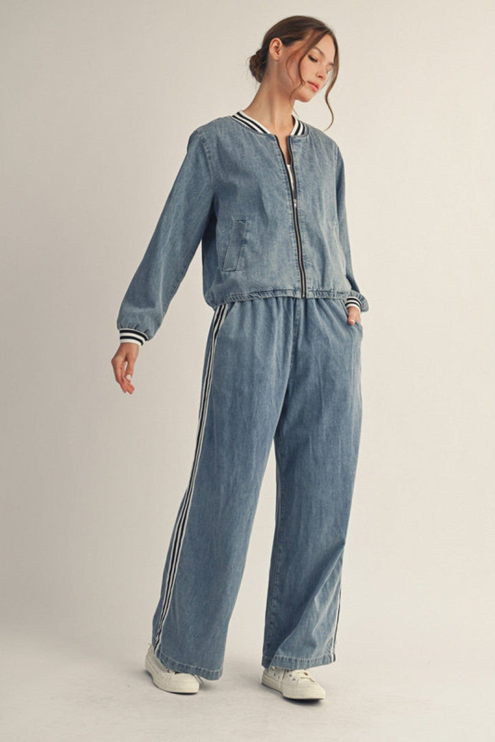 Jodifl Front Zip Washed Denim Striped Band Trim Jacket