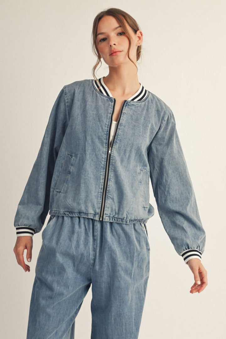 Jodifl Front Zip Washed Denim Striped Band Trim Jacket