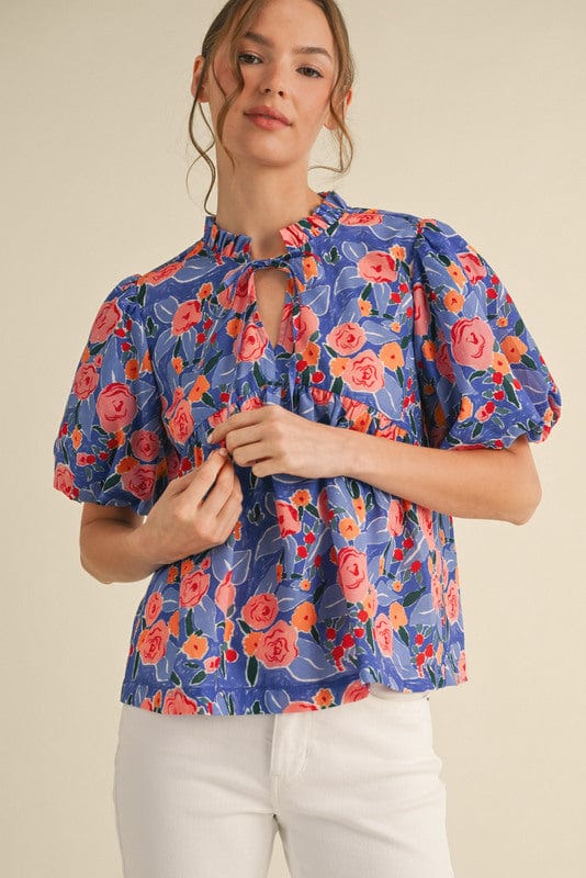 Jodifl Fun Floral Print Blouse Top with Frilled Self Tie Neckline and Puff Sleeves