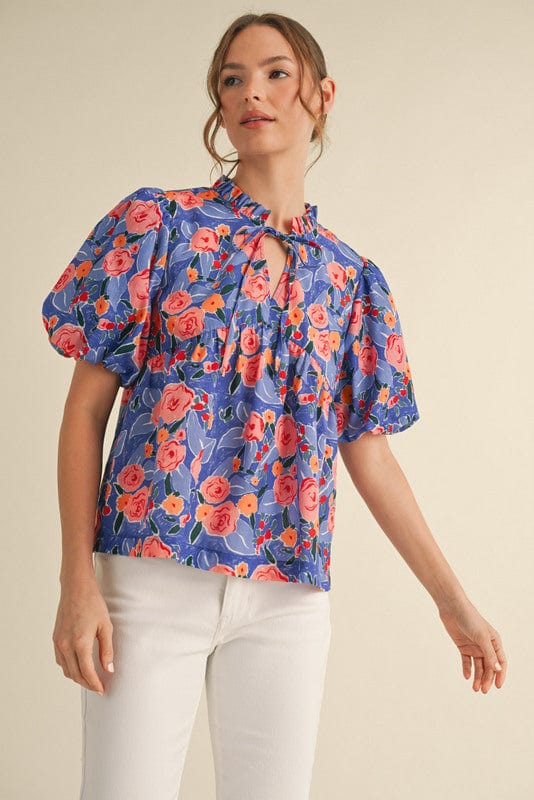 Jodifl Fun Floral Print Blouse Top with Frilled Self Tie Neckline and Puff Sleeves