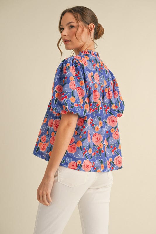 Jodifl Fun Floral Print Blouse Top with Frilled Self Tie Neckline and Puff Sleeves