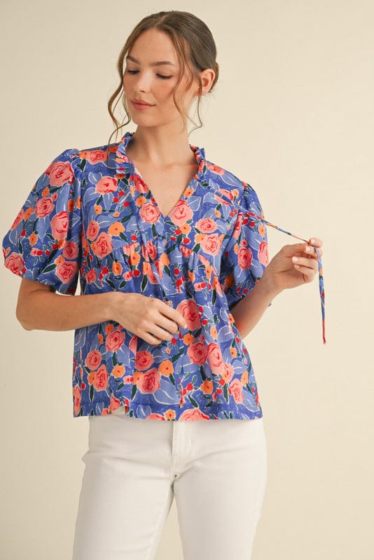 Jodifl Fun Floral Print Blouse Top with Frilled Self Tie Neckline and Puff Sleeves