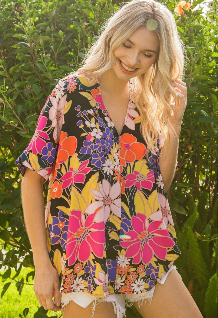 Jodifl Funky Floral Print Boxy V-Neckline Short Sleeve Top