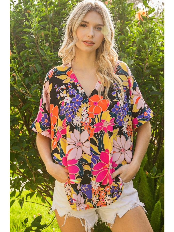 Jodifl Funky Floral Print Boxy V-Neckline Short Sleeve Top