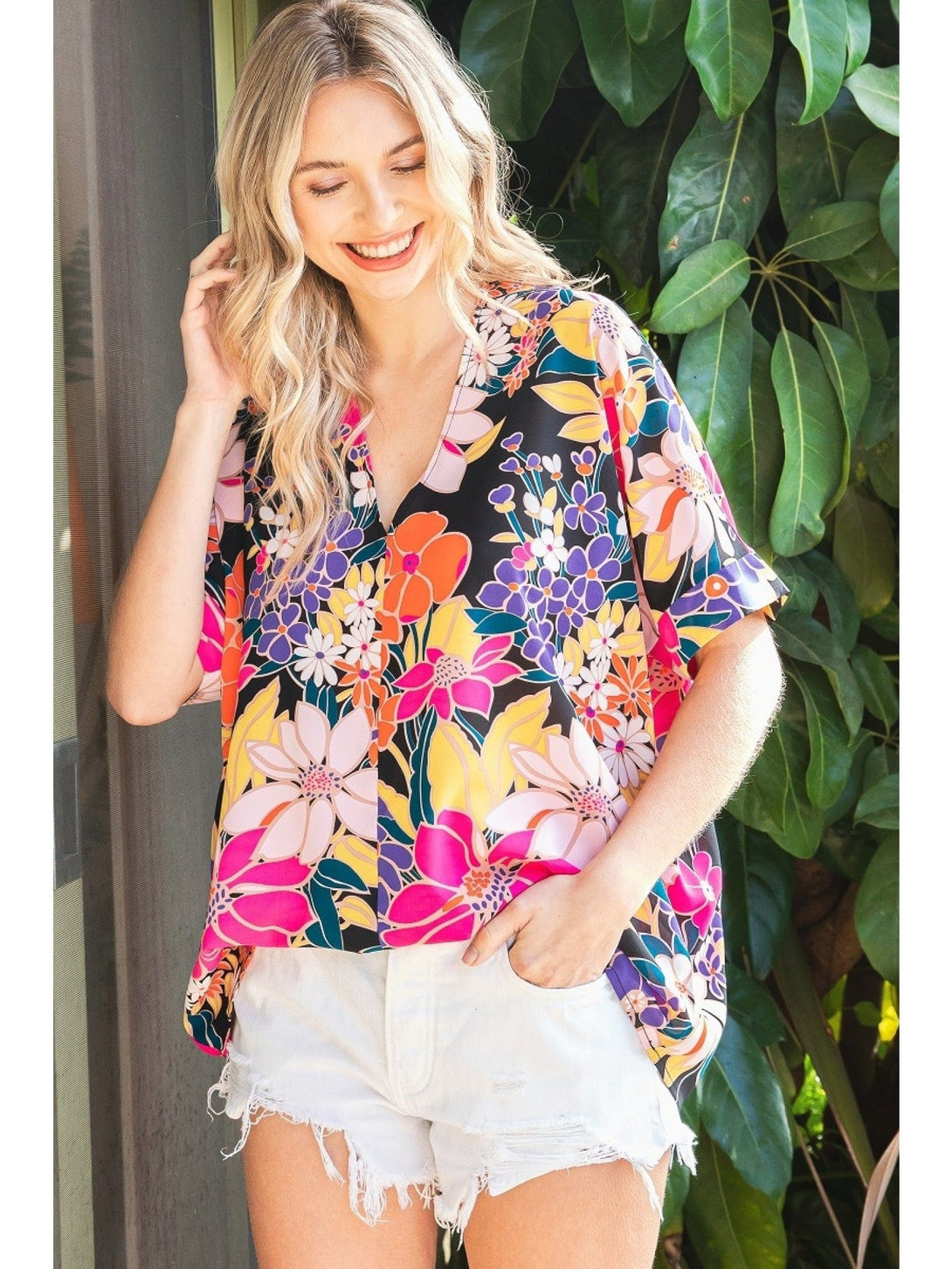 Jodifl Funky Floral Print Boxy V-Neckline Short Sleeve Top