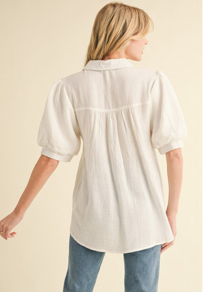 Jodifl Gauze Half Button Up Puff Sleeve Collared Top with Pin-Tucked Yoke