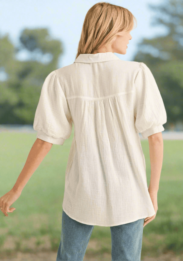 Jodifl Gauze Half Button Up Puff Sleeve Collared Top with Pin-Tucked Yoke