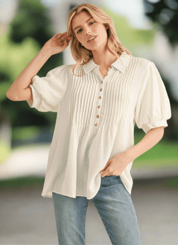 Jodifl Gauze Half Button Up Puff Sleeve Collared Top with Pin-Tucked Yoke