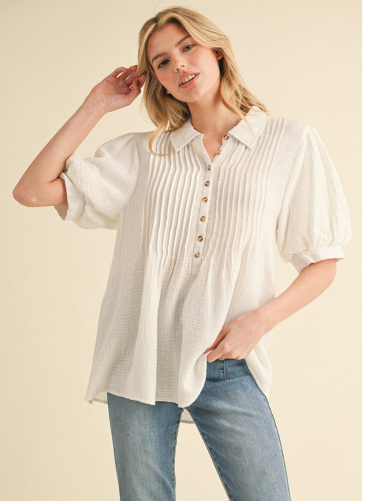 Jodifl Gauze Half Button Up Puff Sleeve Collared Top with Pin-Tucked Yoke