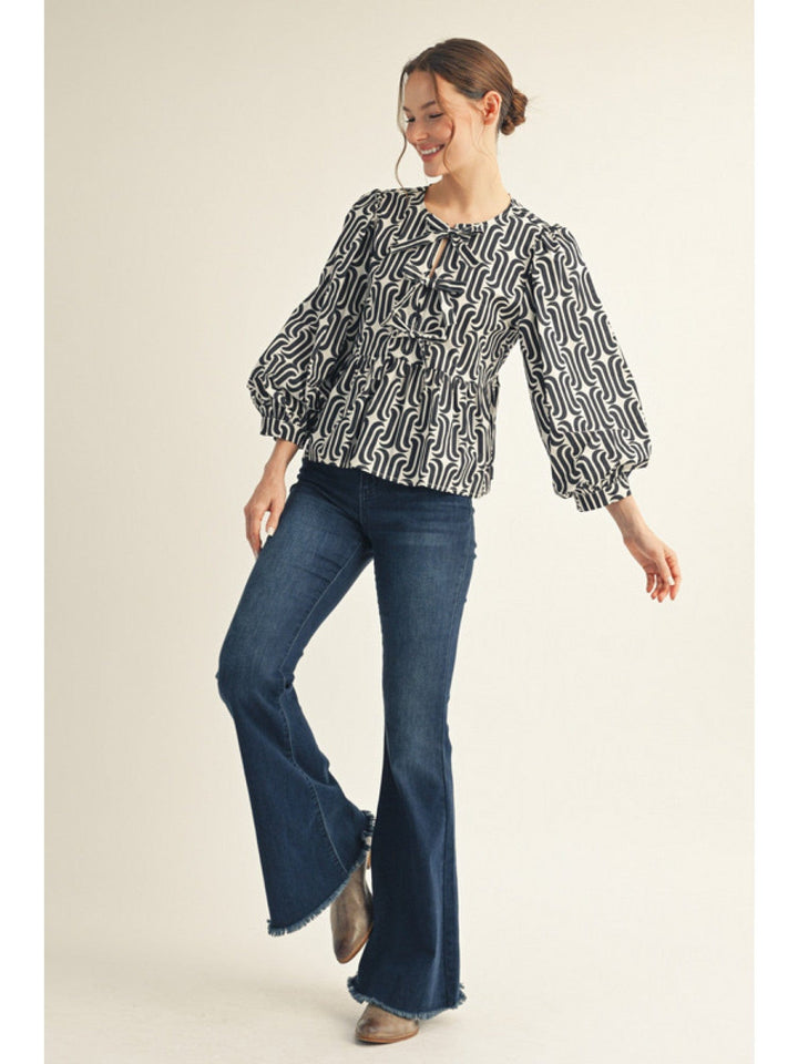 Jodifl Geometric Pattern Front Tie Peplum Top