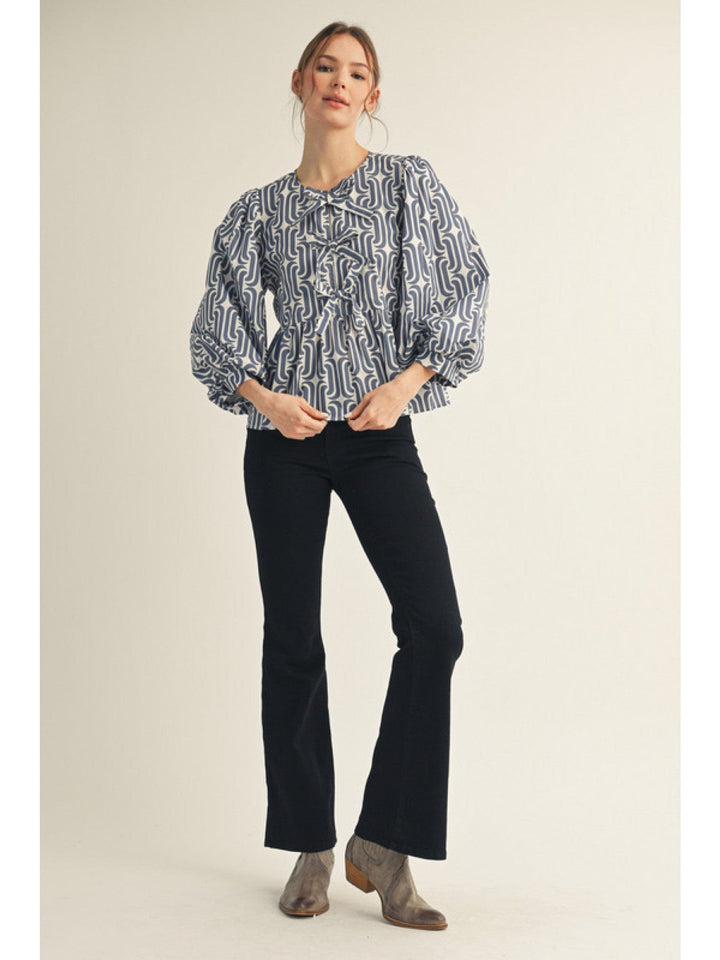 Jodifl Geometric Pattern Front Tie Peplum Top