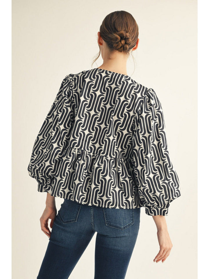 Jodifl Geometric Pattern Front Tie Peplum Top