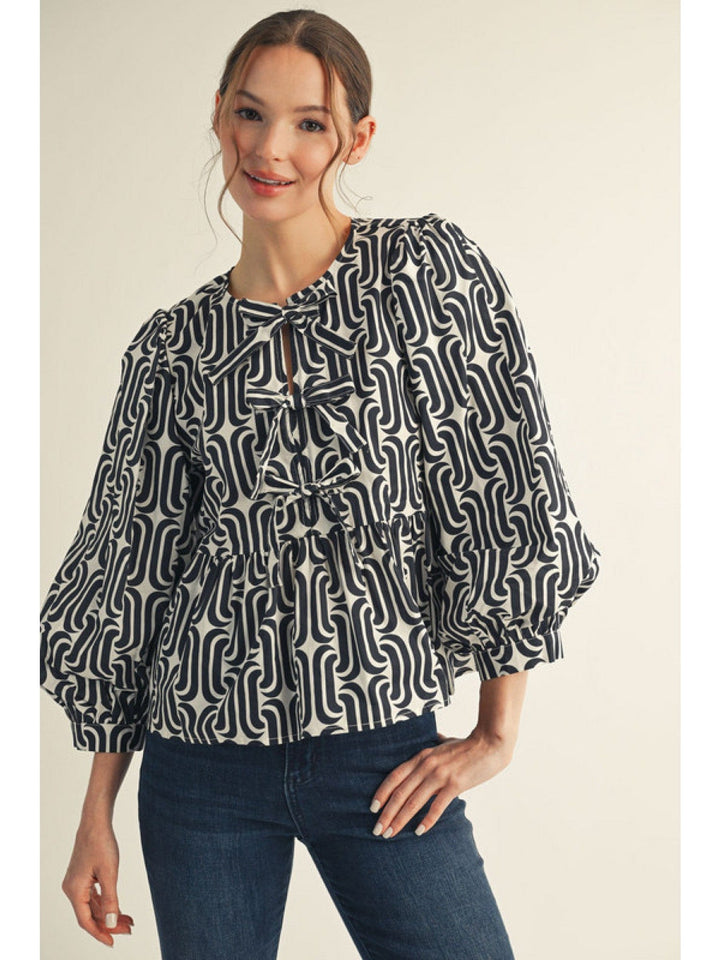 Jodifl Geometric Pattern Front Tie Peplum Top