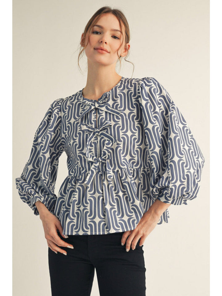 Jodifl Geometric Pattern Front Tie Peplum Top