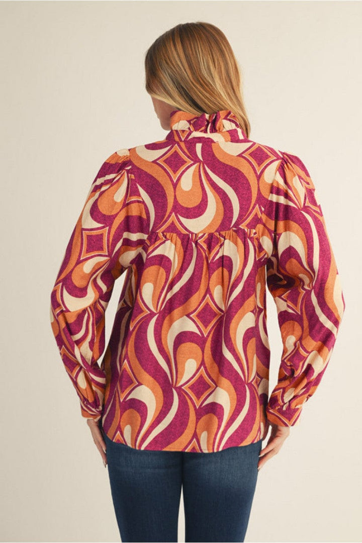 Jodifl Geometric Print Long Sleeve Standing Collar Blouse