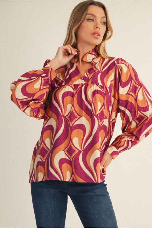 Jodifl Geometric Print Long Sleeve Standing Collar Blouse