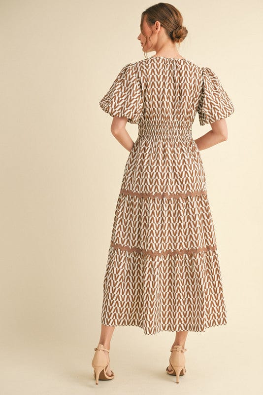 Jodifl Geometric Print Short Puff Sleeve Tiered Midi Dress