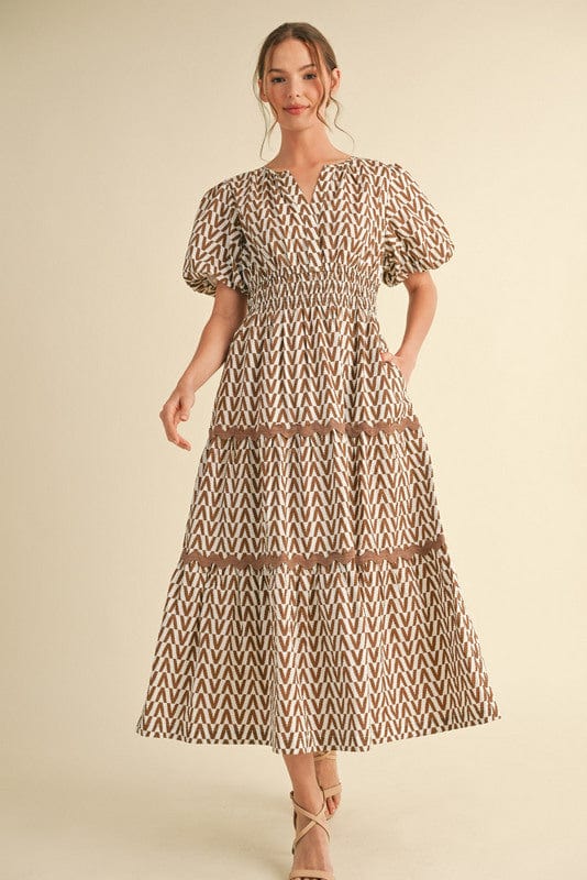 Jodifl Geometric Print Short Puff Sleeve Tiered Midi Dress
