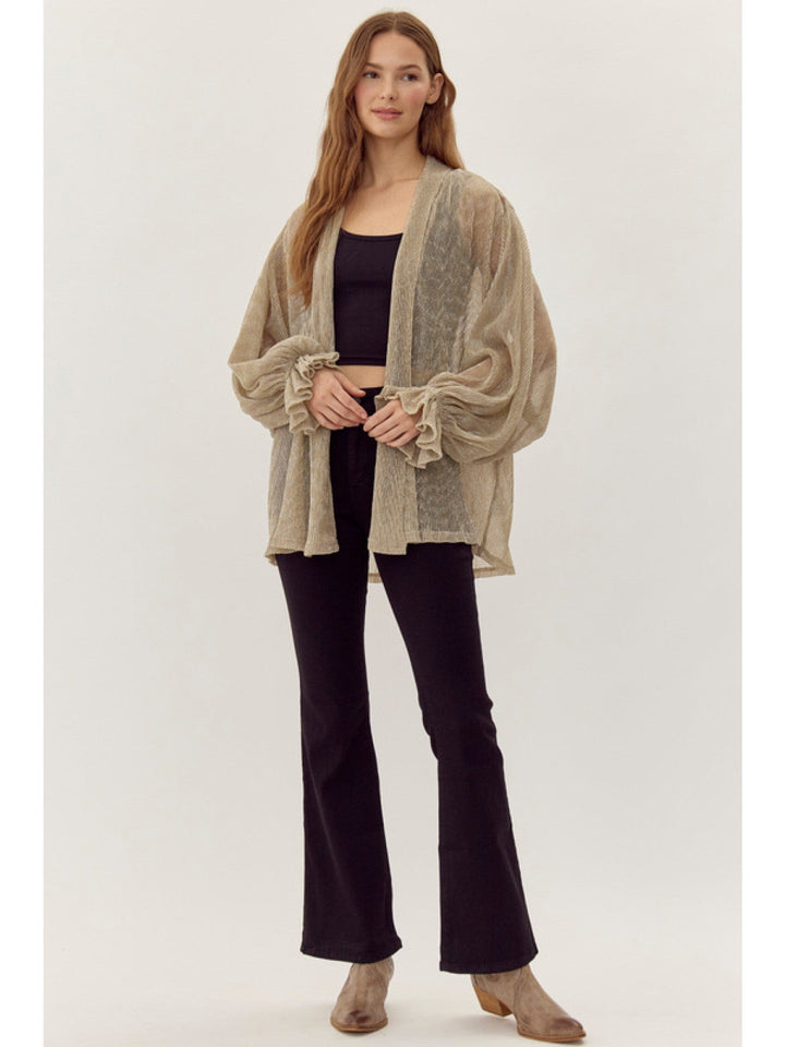 Jodifl Glossy Chiffon Poet Sleeve Sheer Cardigan with Self Tie Front