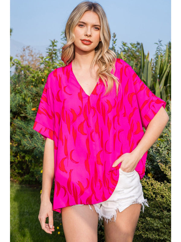 Jodifl Half Moon and Stripey Print Boxy Short Sleeve Top with V-Neckline
